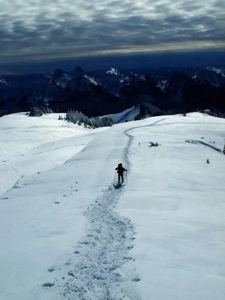 Person walking through snowy mountain landscape with ski poles, with tracks in the snow leading toward distant mountain peaks under cloudy sky.