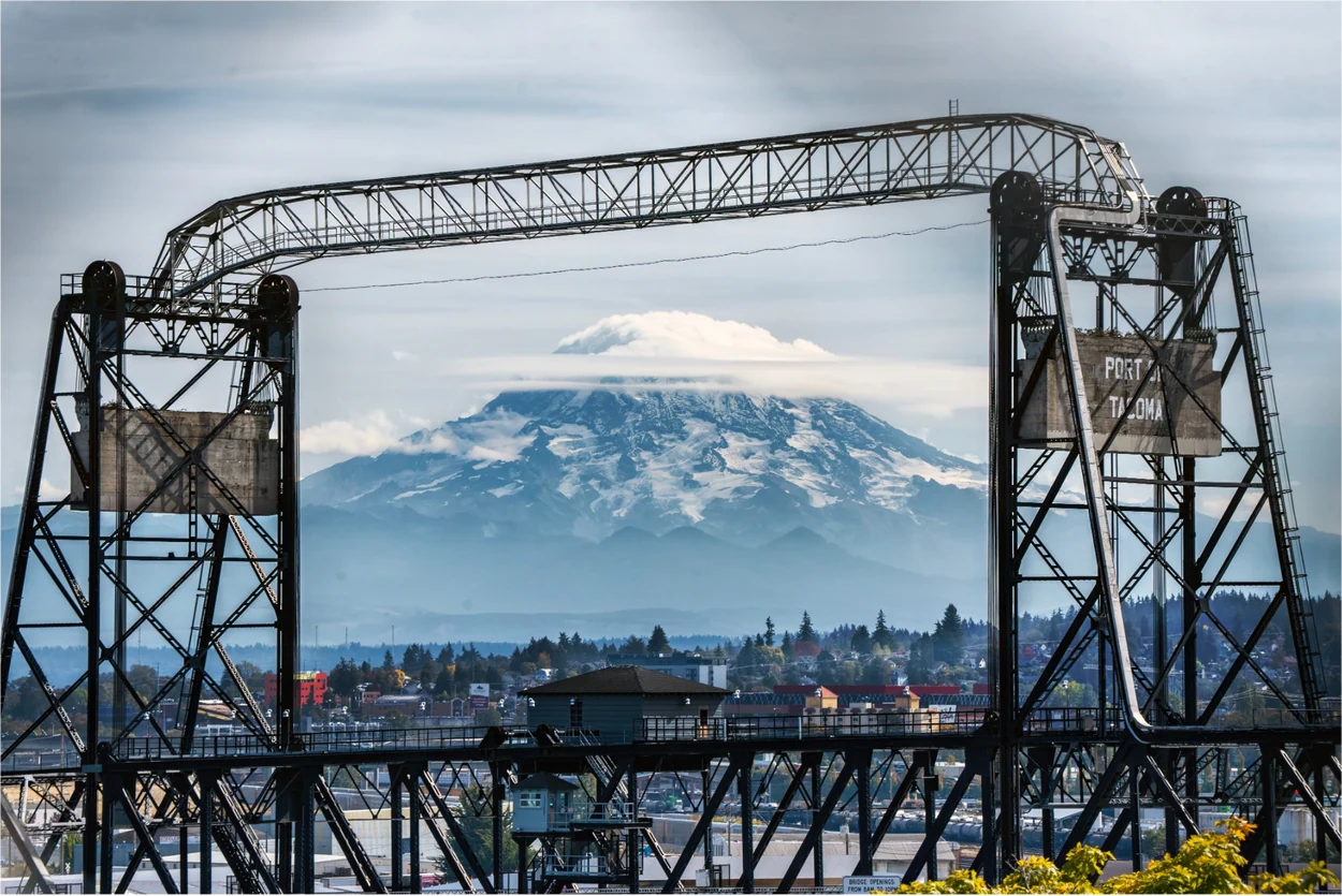 Mount Rainier framed by Tacoma port lift bridge