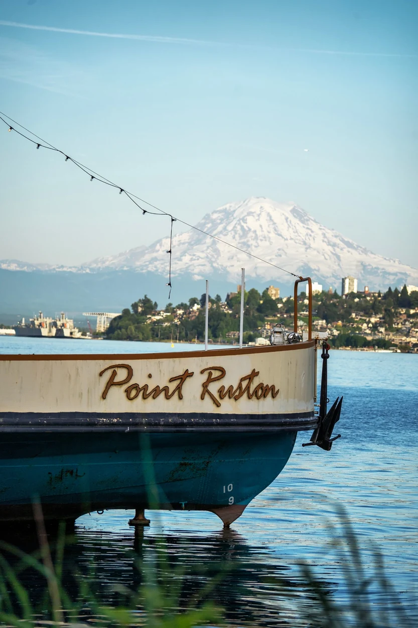 Point Ruston vessel with Mount Rainier above the shoreline